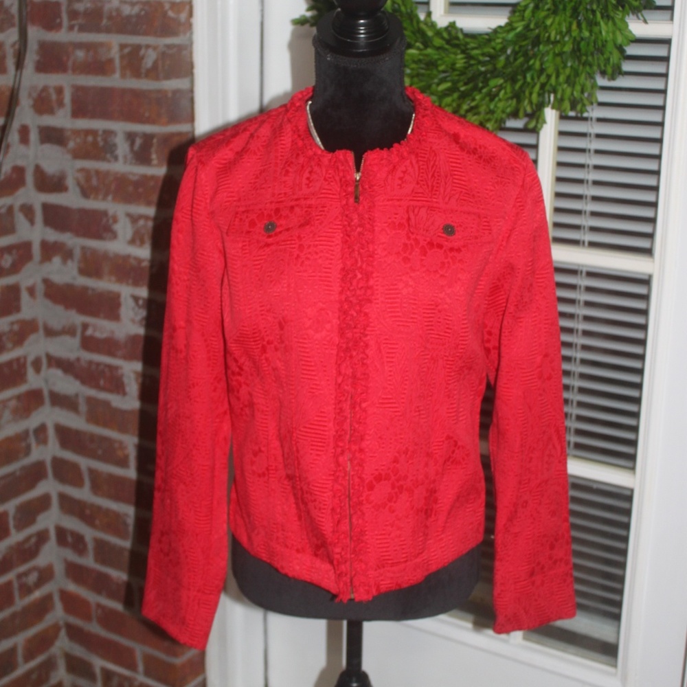 Ruby Rd red long sleeve short zip jacket 4 pockets ruffled trim 10 New no tags…